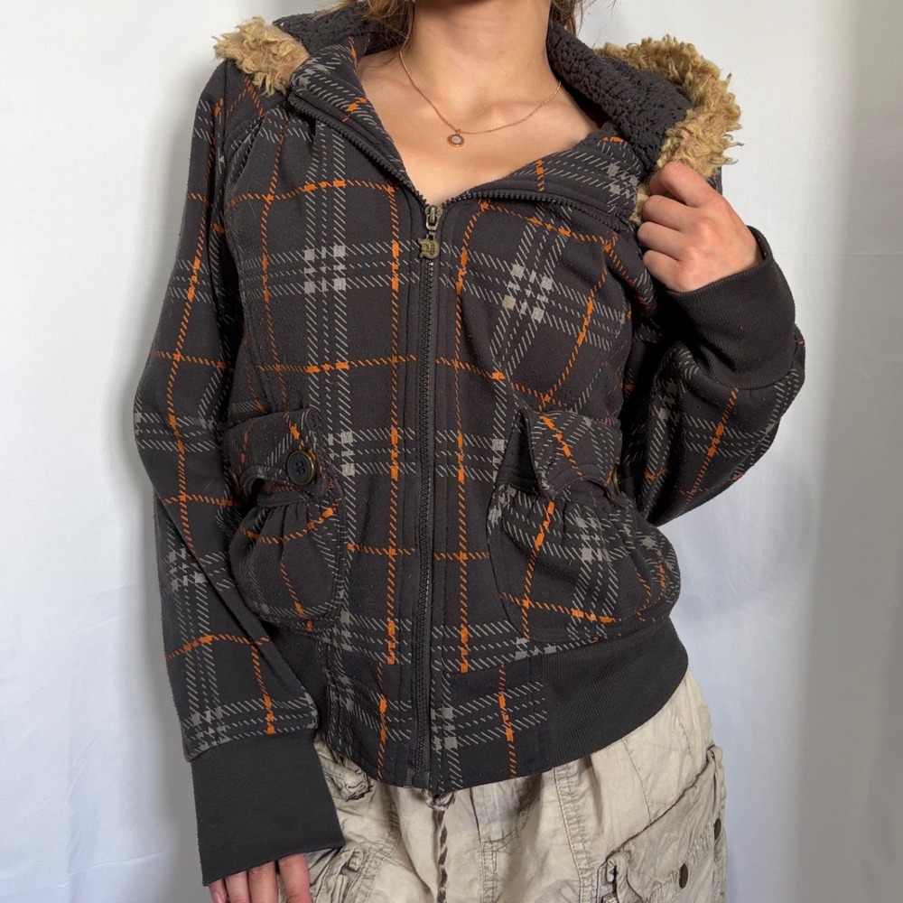 Dollhouse Unique Y2k Grey Orange Plaid Faux fur sherpa Lined zip up hoodie